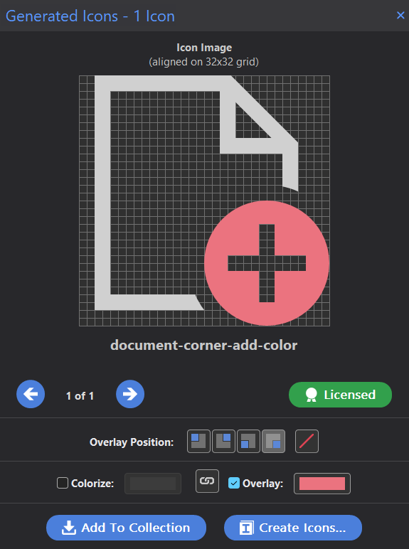 Generated Icons panel with overlay position and color options
