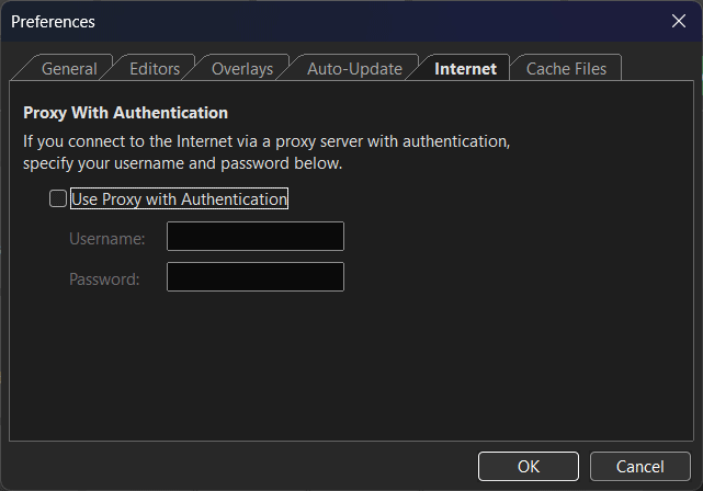 Preferences dialog - Internet tab (proxy with authentication)