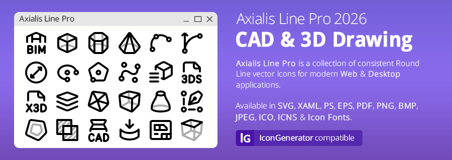 Axialis Line Pro 2026 CAD Set, with sample icons for technical drawing, measurements and 3D modeling