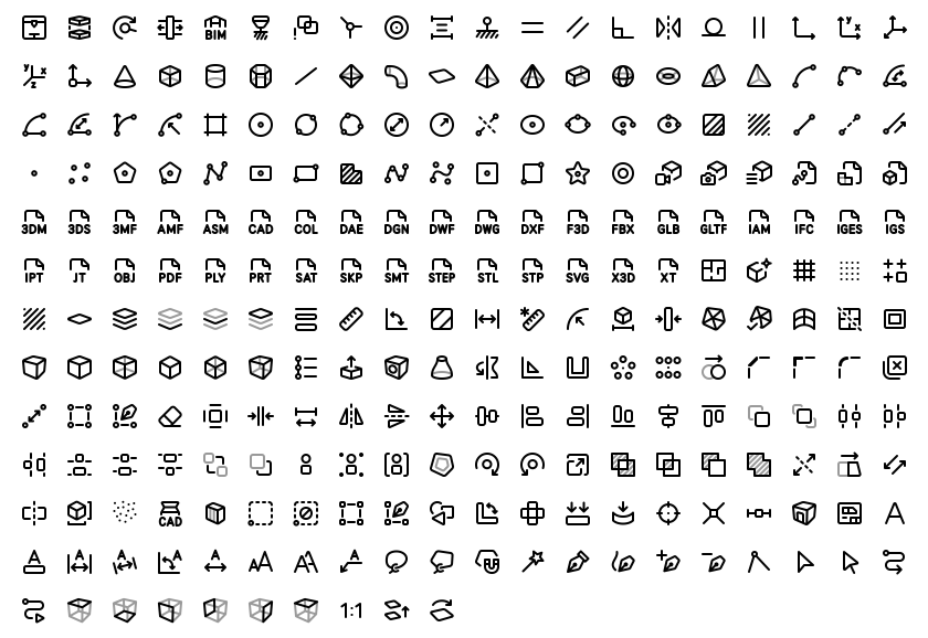 Complete overview of all 250 CAD icons; follow the link for the enlarged, labelled preview